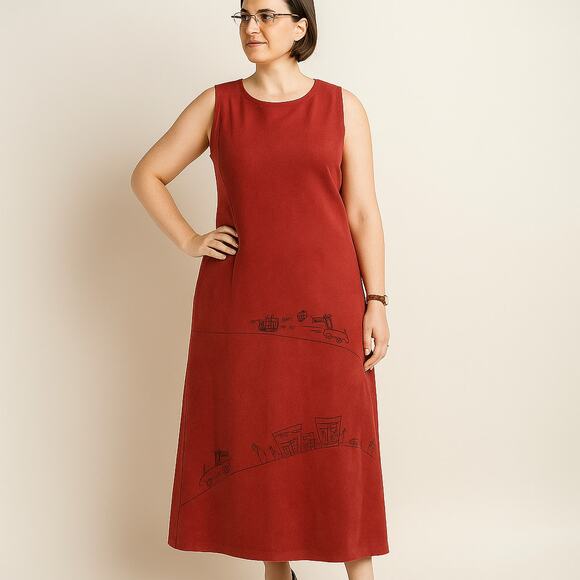 Vintage David Dart Maxi Dress Size 1X Red Shopping Thrifting Theme 90s Teacher - Picture 1 of 12